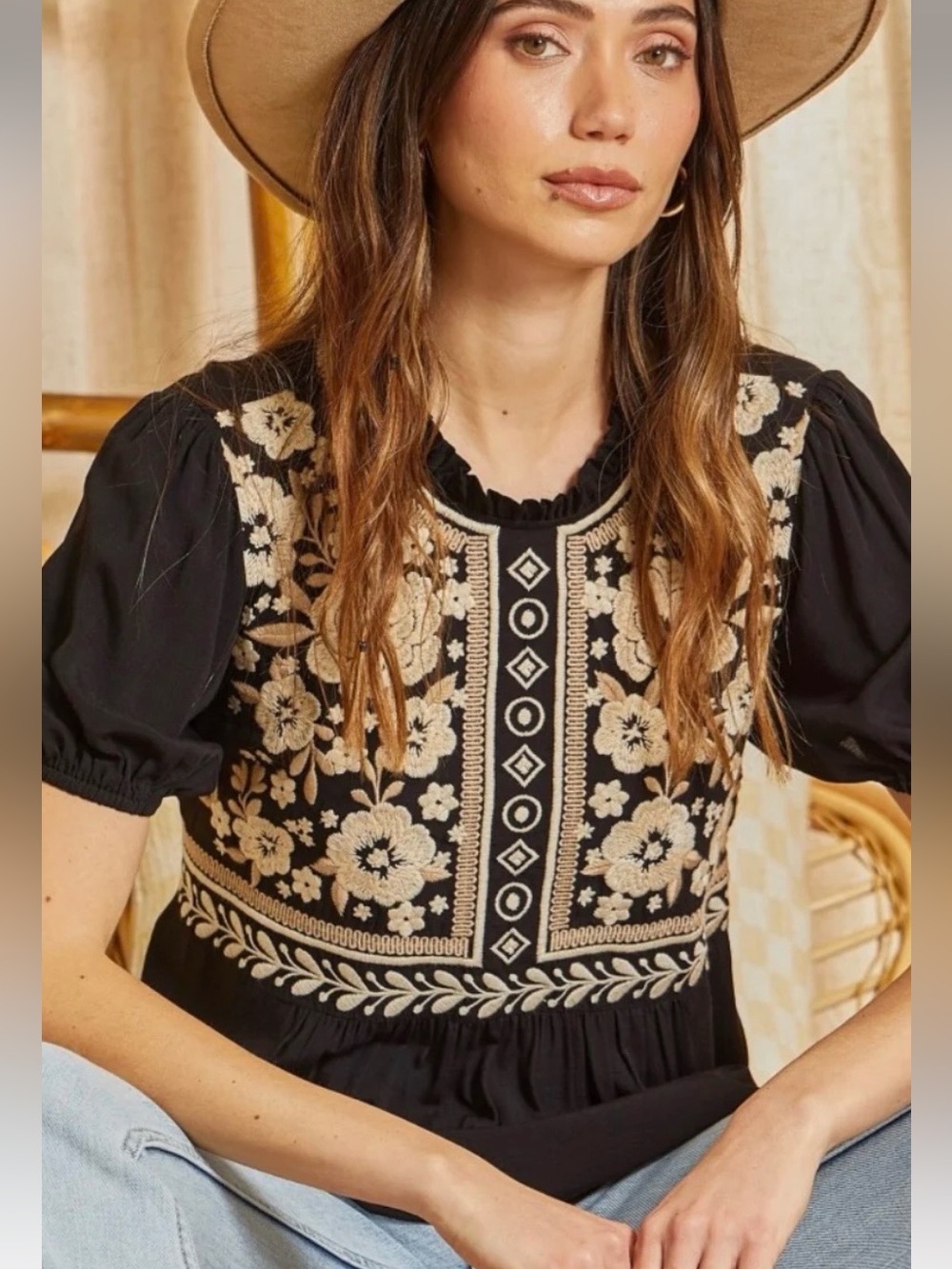 Savanna Jane Kassidy Top Black Taupe Floral Embroidered Blouse Estimated L